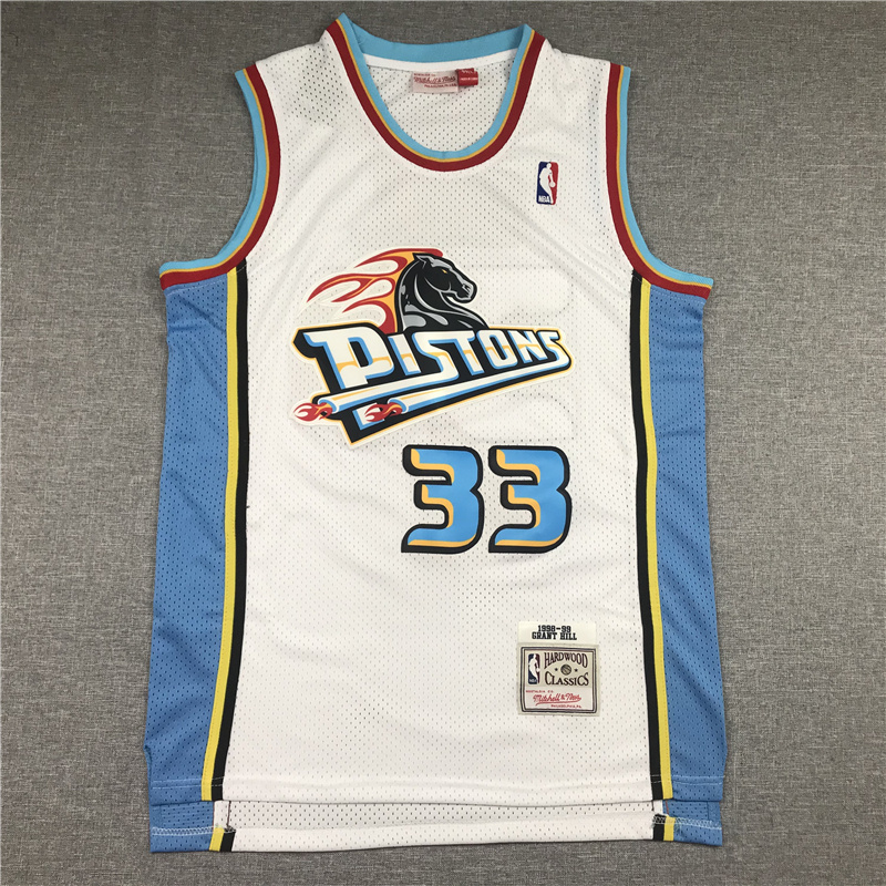 Men Detroit Pistons #33 Hill White Throwback 2023 NBA Jersey